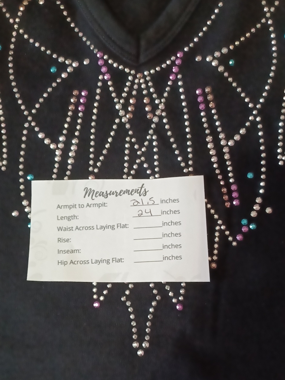 Las Olas Black V-Neck 3/4 Sleeve Combed Cotton Top Silver Teal Purple Rhinestone - Picture 14 of 14